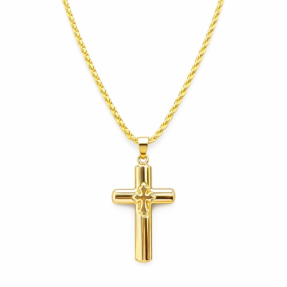 18K Gold Plated Rope Chain Cross Pendant Large 1.75x1 Necklace 21.5” 3mm New